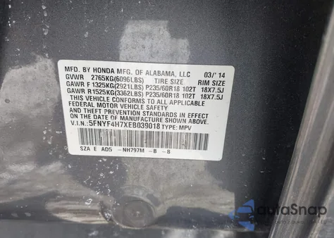 2014 Honda Pilot Ex-L из США, поврежденный, VIN 5FNYF4H7XEB039018